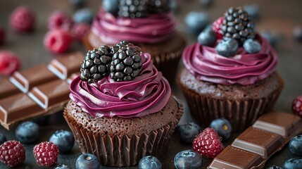   Three chocolate cupcakes with raspberries and chocolate on a table with blueberries and...