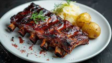 Scrumptious glazed pork ribs from estonia, accompanied by golden potatoes and fresh dill on a dark backdrop