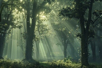 A forest filled with numerous green trees under a misty atmosphere, A misty forest shrouded in ethereal light