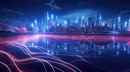 Futuristic cityscape rendered in glowing 3D lines and patterns