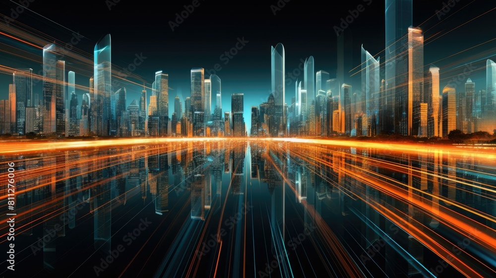 Poster futuristic cityscape rendered in glowing 3d lines and patterns
