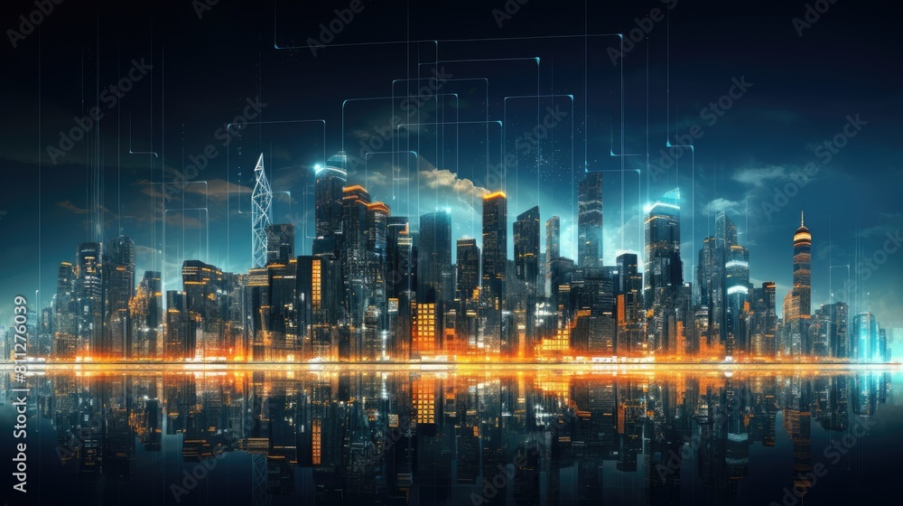 Poster futuristic cityscape rendered in glowing 3d lines and patterns