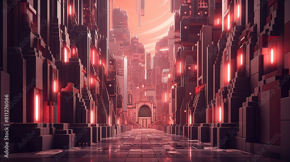 Poster futuristic cityscape rendered in glowing 3d lines and patterns
