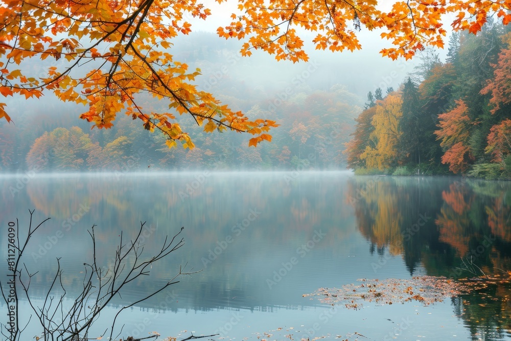 Canvas Prints Misty morning on a lake with fall foliage surrounding the water, A misty morning over a tranquil lake surrounded by autumn foliage