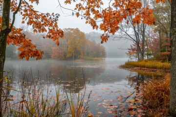 A misty morning at a lake in fall, with trees in vibrant autumn colors lining the waters edge, A misty morning over a tranquil lake surrounded by autumn foliage
