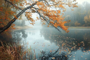 A misty morning at a lake surrounded by trees with fall foliage, A misty morning over a tranquil lake surrounded by autumn foliage