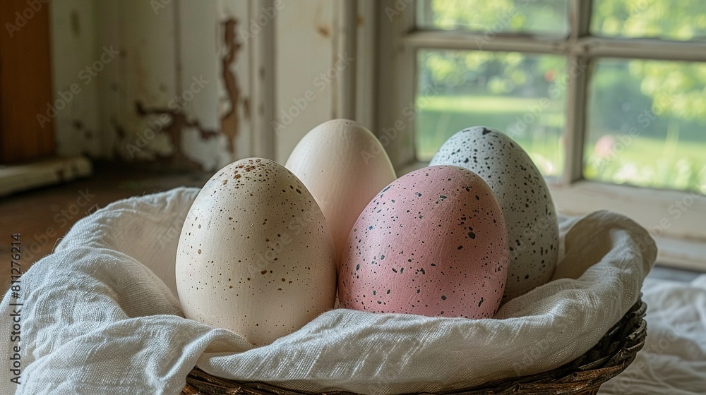 Poster   Three spotted eggs in a woven basket on a white cloth in front of a window with a window ledge