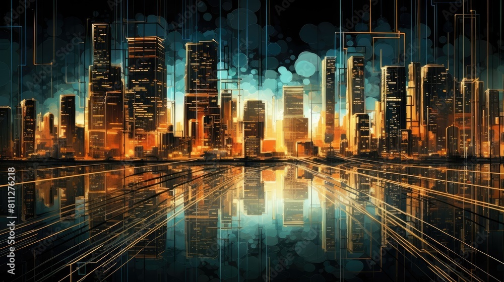 Poster futuristic cityscape rendered in glowing 3d lines and patterns