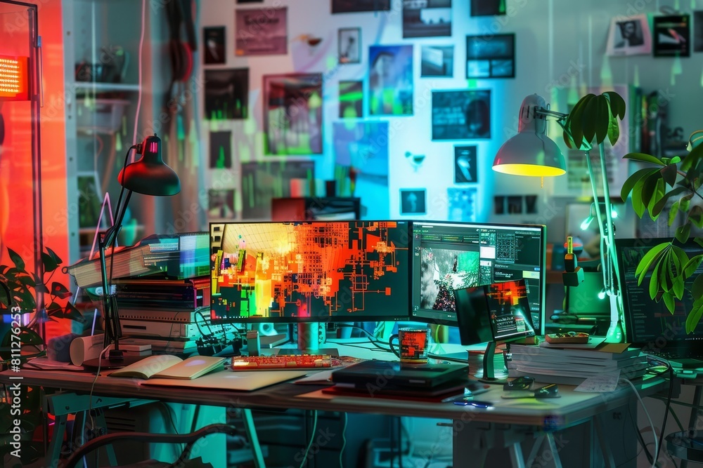 Poster desk featuring two monitors and a keyboard for a productive workspace setup, a mixed-reality workspa