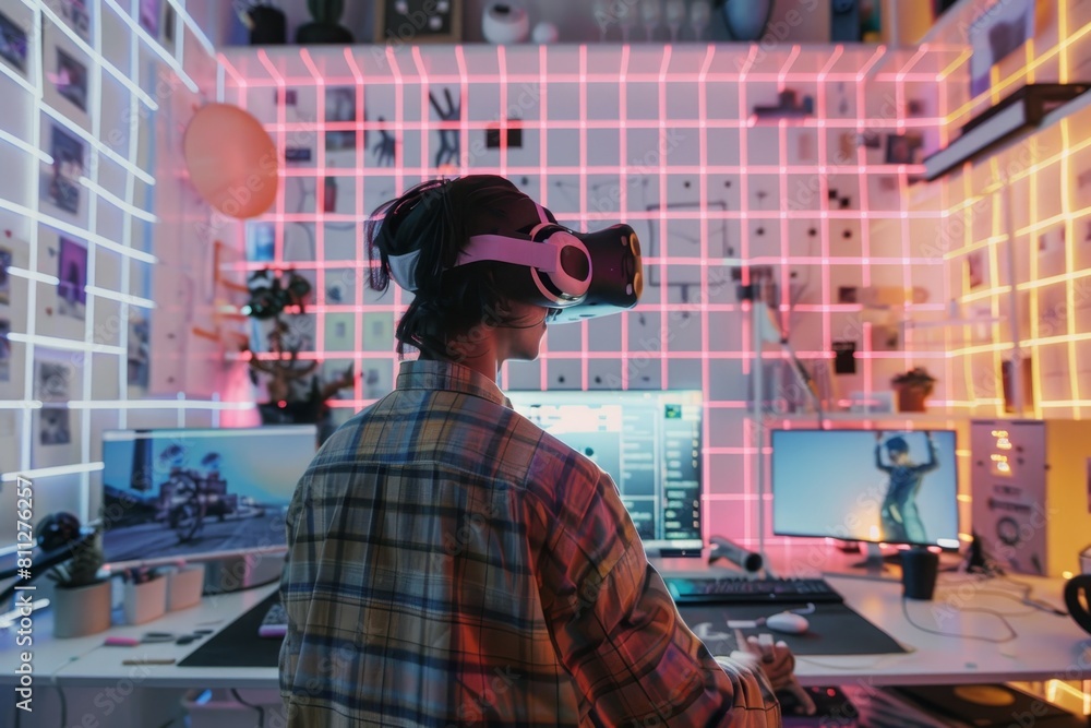 Poster a person immersed in a virtual reality experience while sitting in front of a computer screen, a mix