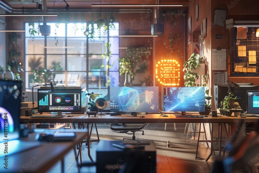 Poster numerous computers and desks fill the room, creating a busy workspace, a mixed-reality workspace ble
