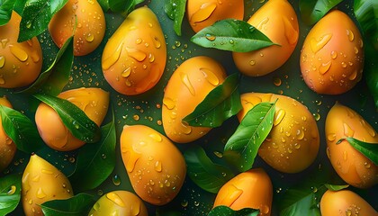 Fresh mango fruit with green leaves and water droplets, top view
