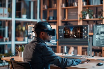 A man sitting at a desk wearing a pair of virtual glasses while engaging in mixed reality work blending physical and digital elements, A mixed-reality workspace blending physical and digital elements