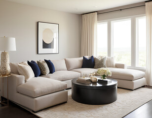 Sleek Living Room showcasing Dove-Gray Sectional Sofa and Marble Coffee Table