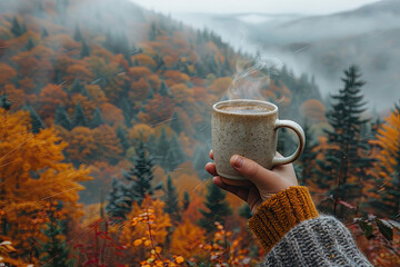 cup of tea in autumn forest. Created with Ai