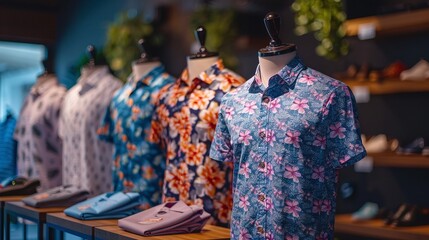 Fototapeta premium fashion business in clothing store with trendy cotton shirts for men on mannequin displaying summer collection fashion and selling products 