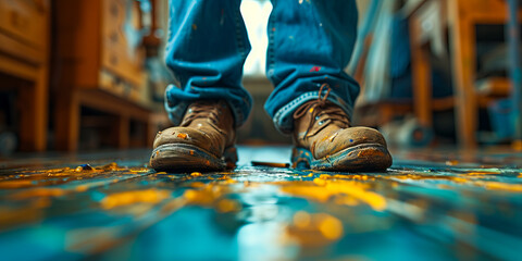 A man in jeans and boots standing on a floor. - Powered by Adobe