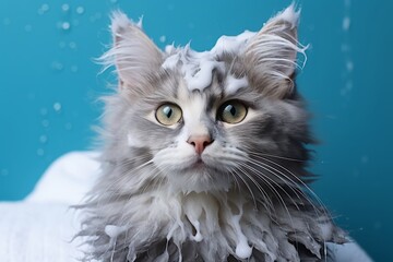 Portrait of a gray cat in shower foam on blue background