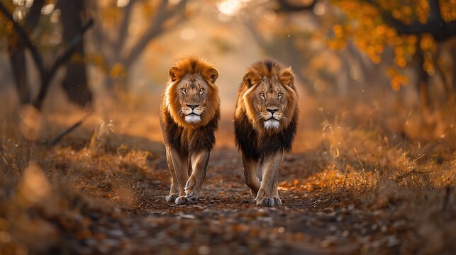 kings of the savanna: explore a photo of majestic lions walking on a dirt path in the wild
a glimpse into the life of lions: explore a photo of two majestic lions walking in the wild
where power meets