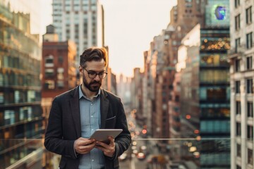 Modern entrepreneur standing on balcony, using digital tablet, A modern entrepreneur with a digital tablet in hand, surrounded by a bustling cityscape - Powered by Adobe