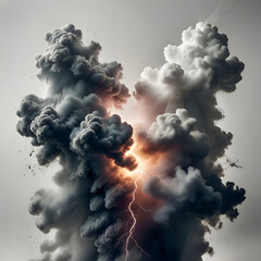 smoke explosions with lightnings isolated on white background