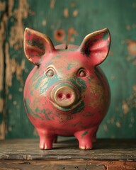 Old piggy bank for money on a vintage background.