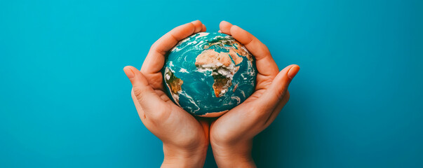 Woman hands holding a globe on blue background.
