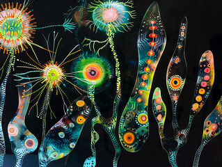 A painting of colorful flowers and plants on black.