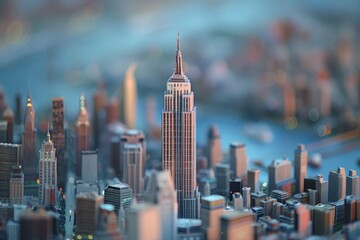 Scale model of a city featuring detailed skyscrapers in the foreground, A modern interpretation of the iconic Empire State Building standing tall in the cityscape