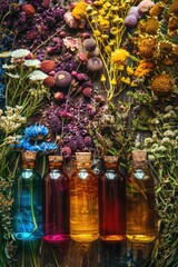 Bottles with herbal tinctures on a background of dried medicinal herbs. Selective focus.