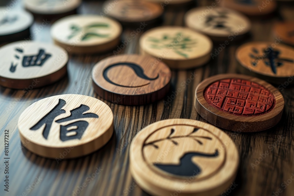 Poster close-up view of multiple buttons scattered on a table, showcasing different shapes and colors, a mo