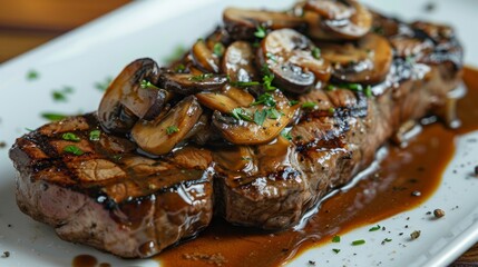 American cuisine. Beef steak with mushrooms and madeira.