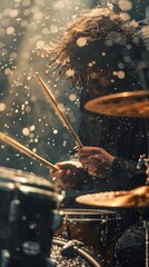 Drummer Playing Drums in the Rain