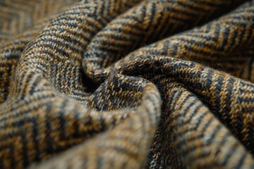 Fototapeta premium Detailed view of brown and black plaid fabric, showcasing intricate pattern and texture, A modern interpretation of tweed fabric with a classic herringbone pattern
