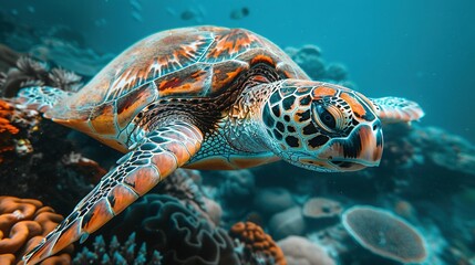 Obraz premium A close-up of a sea turtle on a coral reef surrounded by other corals and marine life
