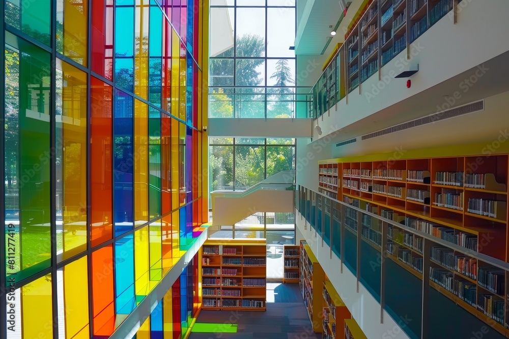 Poster a modern library with rows of colorful books in vibrant hues, displaying a lively and diverse collec