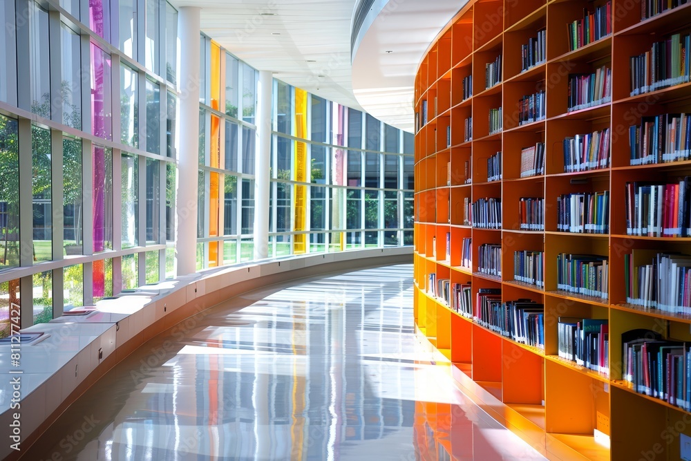 Poster a library filled with rows of books next to tall windows, showcasing sleek architecture and abundant