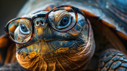 Obraz premium very old turtle with bad eyesight wearing glasses sitting on the ground looking around 