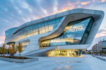A modern building featuring a curved roof and glass windows, showcasing sleek architectural design, A modern museum with sleek lines and a glass façade - Powered by Adobe