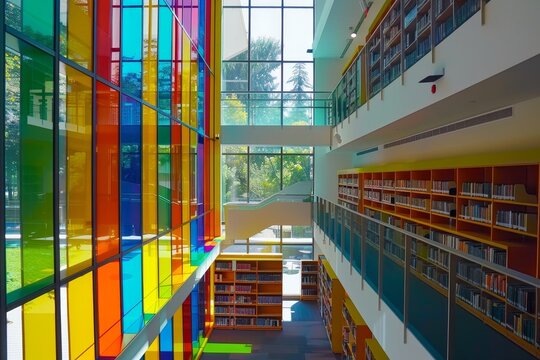 A modern library with rows of colorful books in vibrant hues, displaying a lively and diverse collection, A modern library with sleek architecture and colorful bookshelves