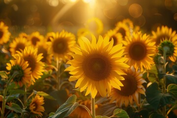 Obraz premium Sunflowers Field With Setting Sun