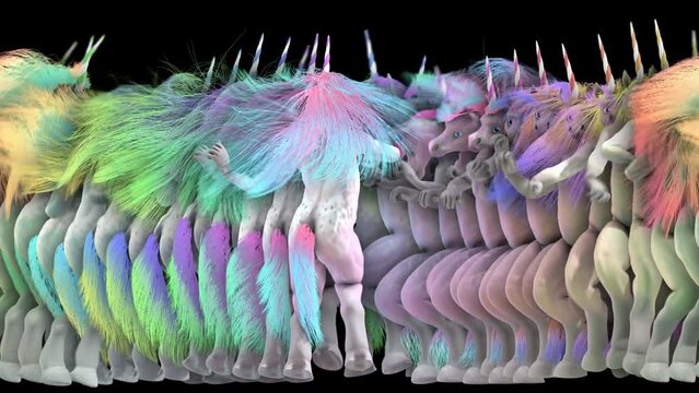 Seamless funny animation of a crazy unicorn dancing with long rainbow hair with echo effect.