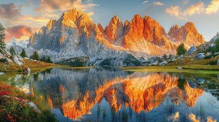 Fototapeta premium A mountain range with a lake in the foreground and red flowers in the foreground and clouds in the background is an idyllic view that captures the beauty of nature The towering