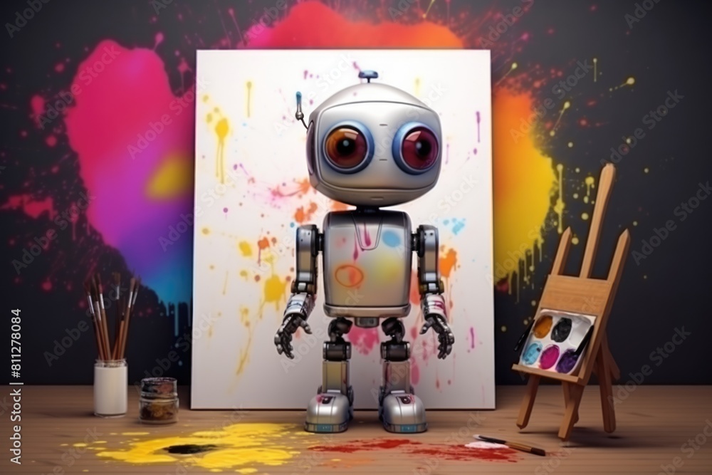 Poster concept of generative ai art technology, robot painting picture in studio. comeliness