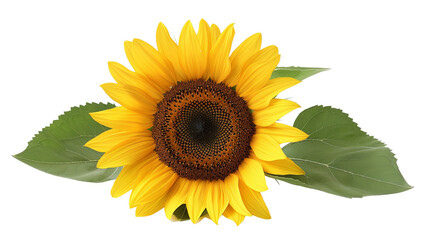 Obraz premium Bright yellow sunflower with large brown center and lush green leaves isolated on black background.- PNG transparent