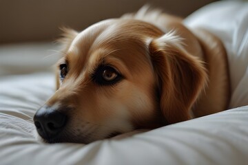 Obraz premium Close up of pet dog lying on bed at home