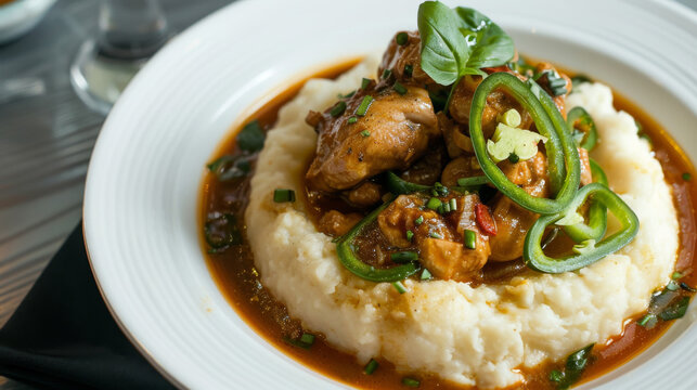 Ghanaian fufu with spicy peanut soup, topped with green bell peppers and fresh herbs on a white plate - an authentic dish