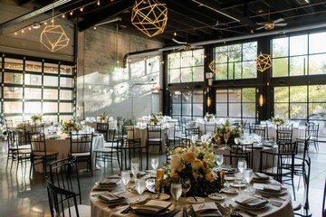 A large room with tables and chairs arranged elegantly for a formal function, featuring sleek geometric decor, A modern, sleek wedding venue with geometric decor and metallic accents
