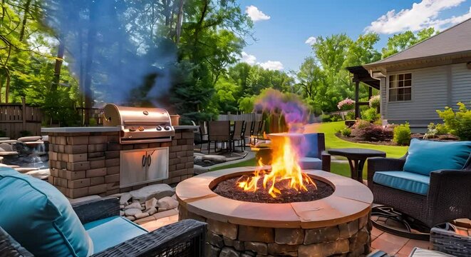 Backyard with Fire Pit Grill and Outdoor Dining Area. Concept Outdoor Entertaining, Fire Pit Gatherings, Al Fresco Dining, Backyard Grilling