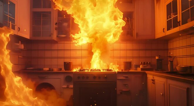 Animated 4k video of kitchen fire accident scene on virtual background. Concept Kitchen Fire, Accident Scene, Virtual Background, 4k Video, Animated